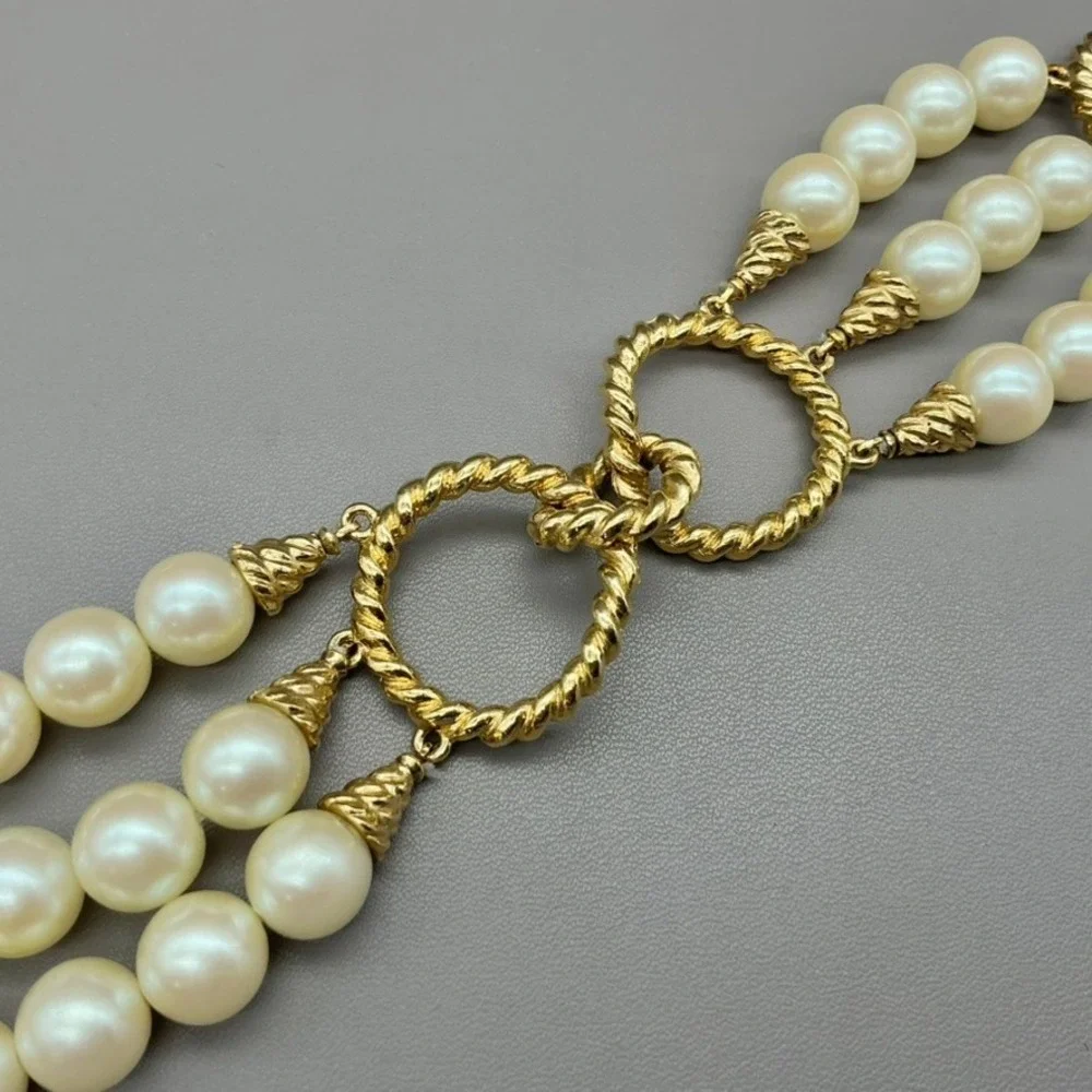 Vintage Richelieu Bracelet Womens Gold Tone Faux Pearl Multi Strand 7.5 Inches